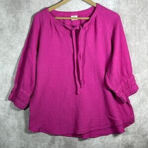 Good Hart Blouse Womens XXL Pink Textured Tie Neck 3/4 Sleeves Casual‎ Gauzy